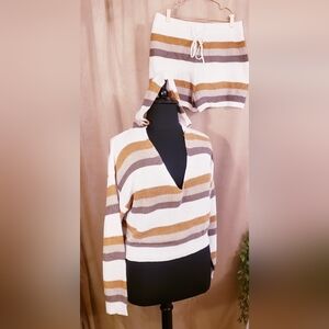PINK LILY KNIT HOODIE STRIPED SHORT SET